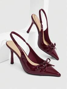 CUCCOO SZL Pointed Bow Back Strap High Heels, Patent Leather Low Vamp Stiletto Shoes, Commuter Dating Temperament Women's Shoes - Burgundy - View 1