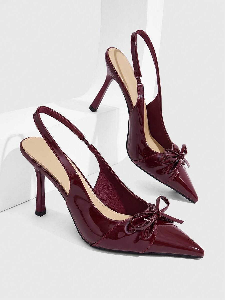 CUCCOO SZL Pointed Bow Back Strap High Heels, Patent Leather Low Vamp Stiletto Shoes, Commuter Dating Temperament Women's Shoes - Burgundy - View 1