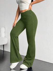 Flexra Plus Size Casual Washed Low Waist Flare Jeans - Army Green - View 6