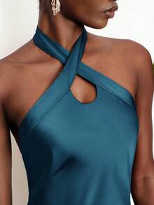 Aveloria Modichic Fashionable Elegant Elegant Slim Fit Sexy Satin Halter Neck Solid Color Dress Wedding Corporate Formal Teal Blue Summer - Blue - View 6
