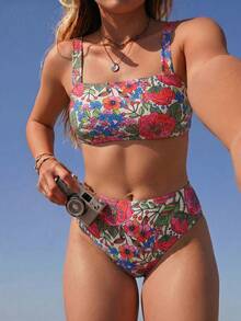 Swim Mod 2026 New Spring/Summer Plus Size 2-Piece Bikini Set Set With Large Scoop Neck And Random Tropical Floral Print, Suitable For Beach And Vacation Wear - Multicolor - View 1