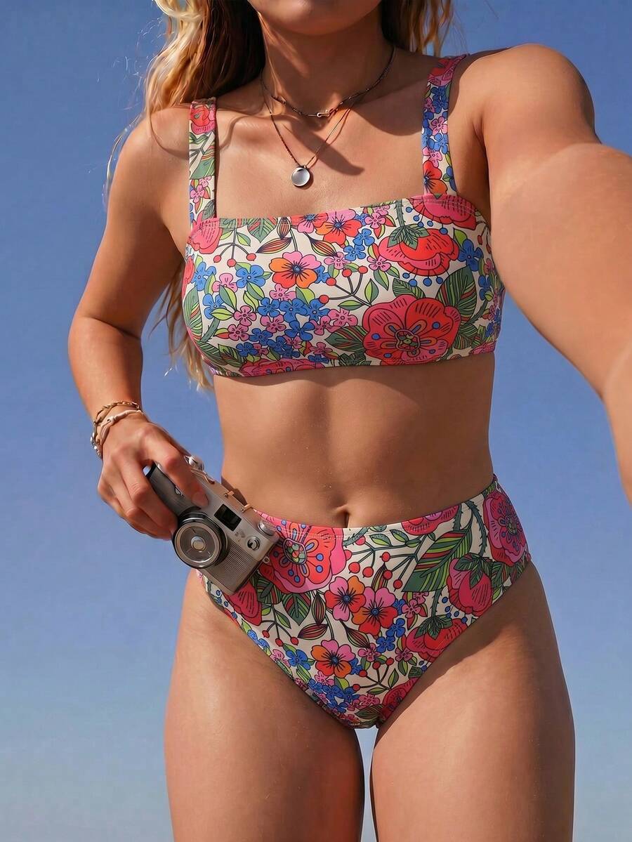 Swim Mod 2026 New Spring/Summer Plus Size 2-Piece Bikini Set Set With Large Scoop Neck And Random Tropical Floral Print, Suitable For Beach And Vacation Wear - Multicolor - View 1