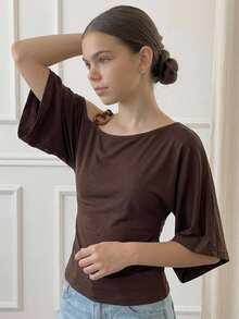 DAZY Tween Girl Solid Color Ruched Slim Fit Versatile Casual T-Shirt - Brown - View 9