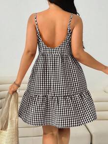 Solflare Gaun Camisole Wanita Ukuran Plus Motif Kotak-kotak Prancis Manis dengan Hem Berumbai - Coklat - View 2