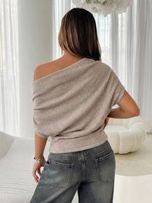 Aloruh Women's New Autumn/Winter Dark Grey Drape Shoulder Asymmetric Neck Short Sleeve Knit Sweater - Khaki - View 2