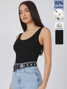 SHEIN BASICS 女款純色修身百搭休閒上衣 - 黑色 - 查看 2