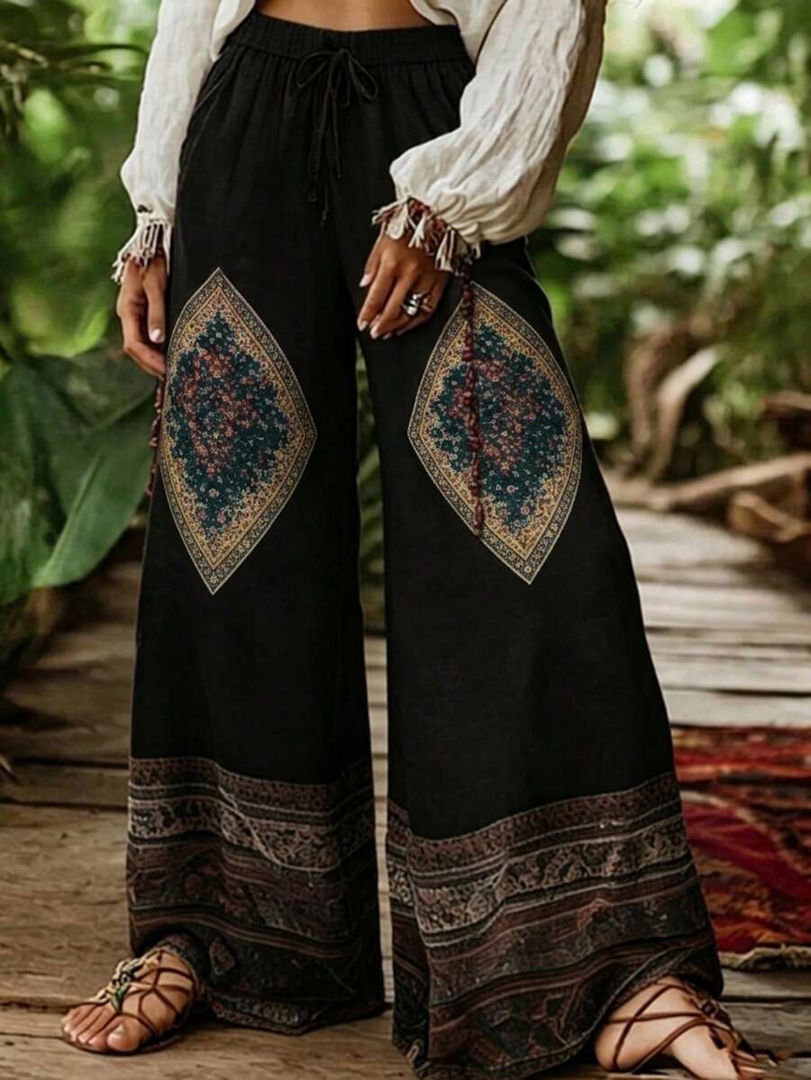 Zayélia 女款休閒復古印花寬腿長褲,適合度假穿著 - 黑色 - 查看 1