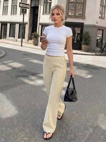 Sinnesro Women's Long Black And White Striped, High-Quality Texture, Street Style Casual, Elegant Suitable For Outings Vacation Autumn - Yellow - View 4