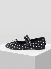 MOTF WOMEN'S ELEGANT MINIMALIST COMMUTING SOLID COLOR BOW DECOR DOUBLE BUCKLE STRAPS BALLET FLATS SHOES FOR CHRISTMAS VALENTINE'S DAY SPRING SHOES - Graphite Black - View 3