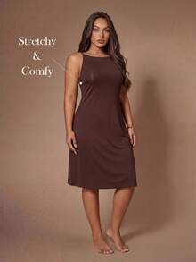 Lazeform Plus Size Women's Brown Summer Square Neck Spaghetti Strap Nightgown,Soft High Stretch Knit Fabric Fitted Slimming Sleeveless Camisole Casual Wear - Brown - View 3