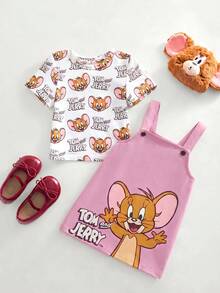TOM & JERRY X SHEIN 女嬰卡通印花圓領短袖T恤與吊帶裙休閒日常套裝 - 粉色 - 查看 2