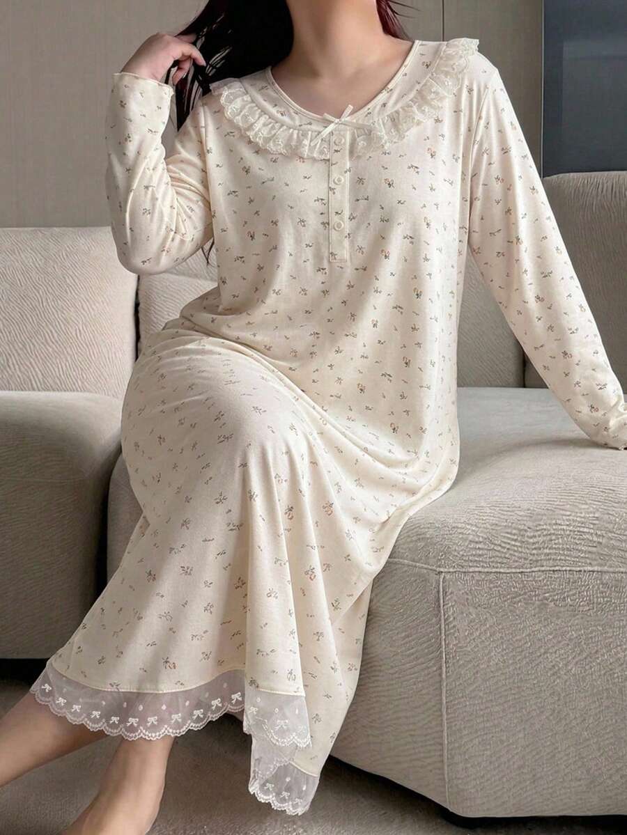 Dazy Plus 女款大碼拼色蕾絲短袖碎花寬鬆可愛長款居家睡裙 春夏季 - 杏色 - 查看 1