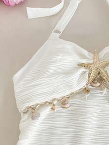 SHEIN Vestido de cuello halter con decoración de estrella de mar metálica para niña preadolescente - Beis - Ver 6