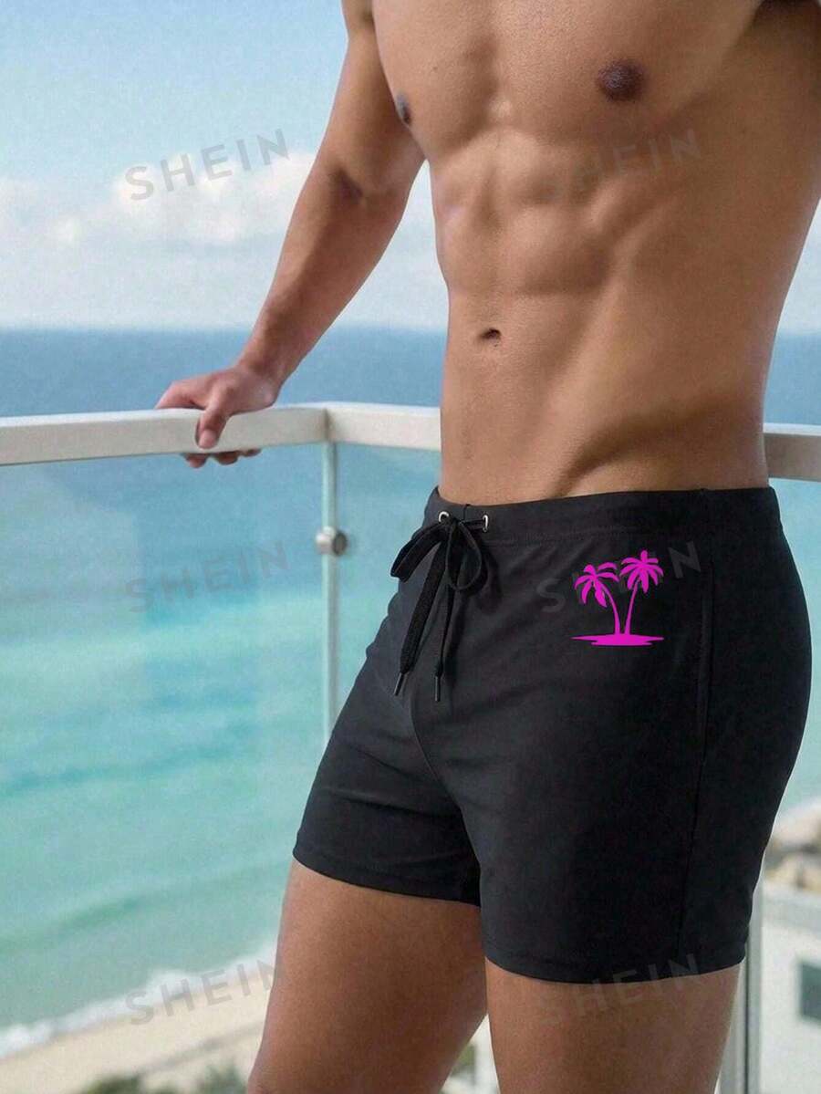 Surfspeed 男士椰子樹印花彈性腰休閒熱帶度假風沙灘泳褲 黑色 夏季度假款 - 彩色 - 查看 1