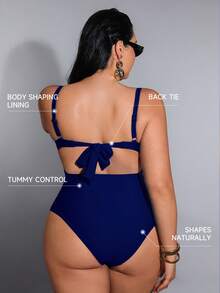Shapewave 2026 Summer Women's Plus Size One-Piece Swimsuit, Elegant Vacation, Push-Up, Slimming, Tummy Control One-Piece Swimsuit, Women's Swimwear, Women's Vacation Clothing, Plus Size Tummy Control One-Piece Swimsuit, Elegant Women's Beach Swimsuit, Plus Size Women's Clothing - Navy Blue - View 2