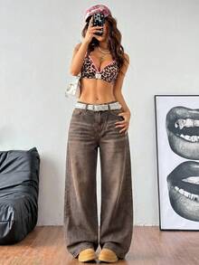 Coolane 女款休閒百搭牛仔寬鬆闊腿長褲，附口袋 - 棕色 - 查看 2