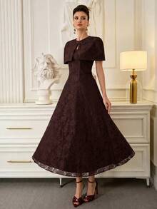 Poshira Women's Elegant Solid Color Lace Ball Gown - Brown - View 6
