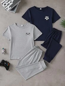 Boys' 4-Piece Loungewear Set: Simple Gentleman Plaid Short Sleeve Solid Color Pocket Top + Holographic Game Console Short Sleeve Long Pants - Multicolor - View 4