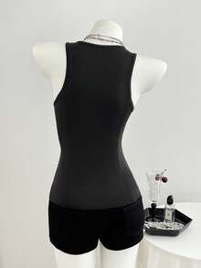 Elamini Blusa estiva sexy da donna con patchwork in pizzo e senza maniche - nero - Visualizzare 2