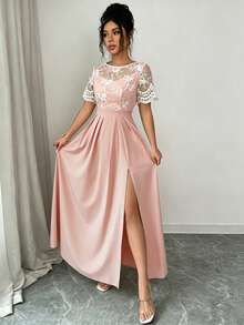 SHEIN Elenzya Women's Casual Short Sleeve Lace Patchwork Fitted Slit Dress - Pink - View 4