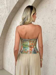 Privoire Tropical Print Bandeau Corset Top Vacation Holiday Green Summer Sexy - Multicolor - View 2