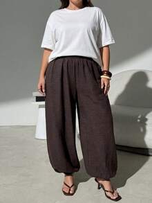 SHEIN Tall CURVE Plus Size Women's Chocolate Brown Drawstring Pants Vacation Autumn Elegant Fall Formal Casual Elegant Business Carribean - Brown - View 5