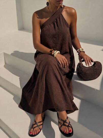 Zivah 2026 Spring/Summer New Arrival, Suitable For Valentine's Day, Wedding Season, Music Festival, Easter, Western Style, Nomadic Style, One-Shoulder Tie Sleeveless Loose A-Line Women's Dress