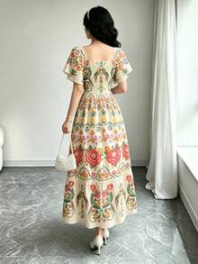 Modelyn 女款花卉印花方領荷葉邊短袖優雅中長洋裝，適合度假 - 彩色 - 查看 2
