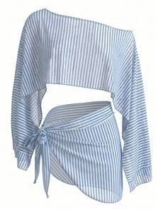 Swim Vcay Conjunto de 2 piezas de traje de baño con estampado floral blanco y negro estilo vacacional de manga larga para mujer - Azul y blanco - Ver 3