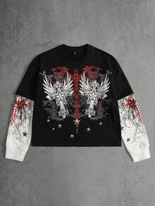 ROMWE MEN Camiseta 2 en 1 para hombre con estampado de cruz de ala y patchwork de bloques de color - Blanco y Negro - Ver 4