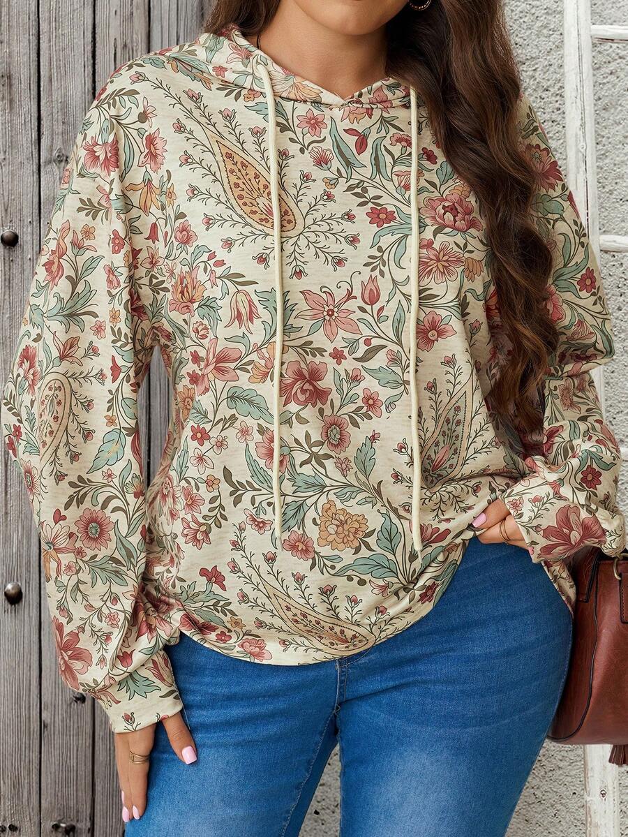 EMERY ROSE Plus Size Floral Print Sweatshirt Vacation Trail Ride Beige Summer Business Casual Fall - Multicolor - View 1