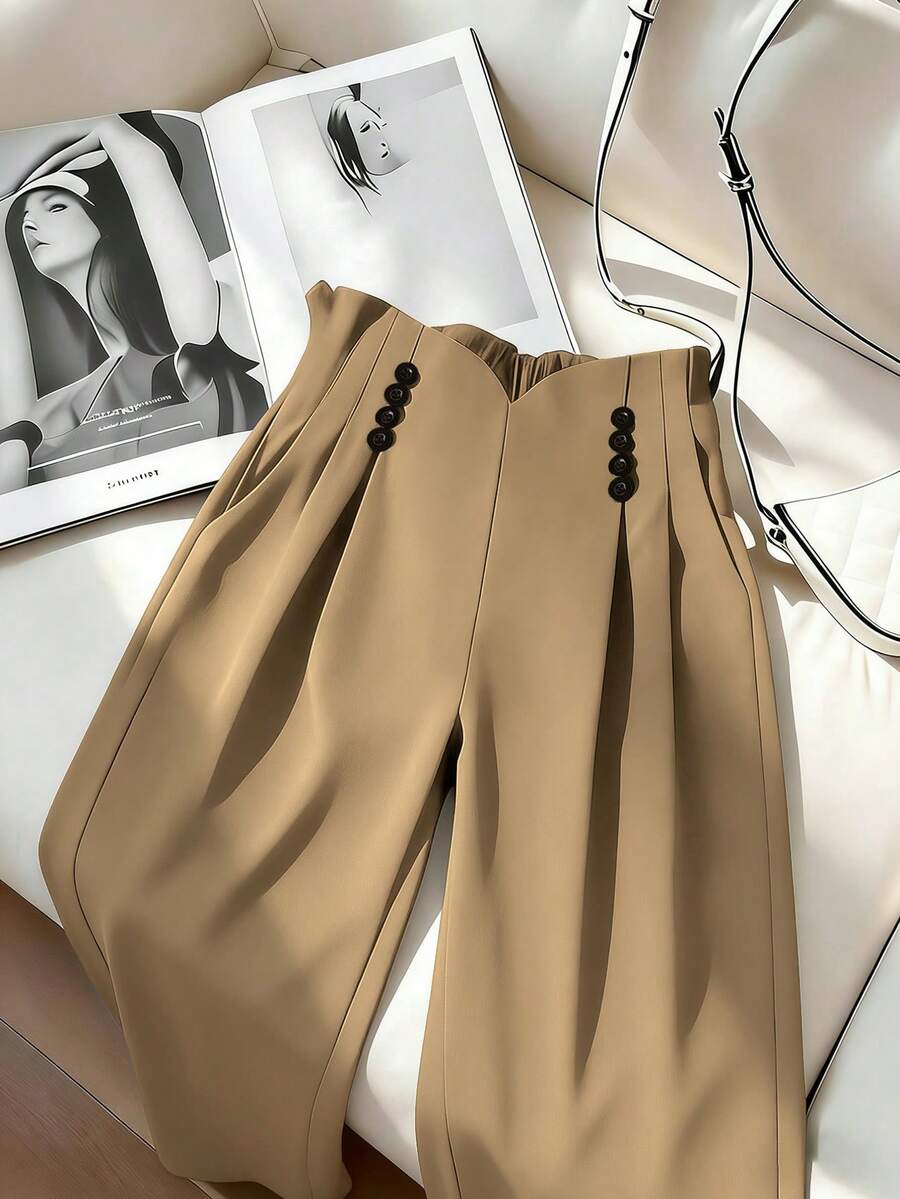 SHEIN Franclia 女款高腰百褶鈕扣西裝長褲 - 卡其色 - 查看 1