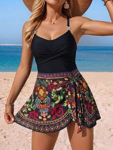 SHEIN Swim Spring/Summer Black Knitted Floral Retro Print Patchwork Cross-Front Ruched Side Knot Skirt Solid Black Bikini Bottom Mature Women's Swimsuit 2-Piece - Multicolor - View 5
