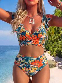Swim Lushoire 女士夏季服装热带印花荷叶边夏季沙滩比基尼套装 - 彩色 - 查看 4
