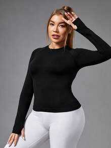 SHEIN Sports 1pc Regular T-Shirt/Raglan Design/Thumb Hole/Basic Style/Black/Sports T-Shirt+Fitness+Yoga Fall - Black - View 6