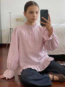 DAZY Round Neck Long Sleeve Striped Loose Casual Shirt With Ruffle Design For Tween Girls Fall - Pink - View 3