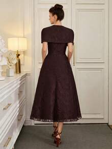 Poshira Women's Elegant Solid Color Lace Ball Gown - Brown - View 2
