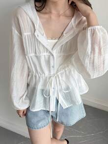 DAZY Solid Color Loose Drawstring Long Sleeve Casual Vacation Sun Protection Women's Shirt Summer School - White - View 4