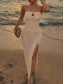 Livesso Women's Vacation Beach Strapless Side Slit Knit Cover-Up Dress Summer - Apricot - View 3
