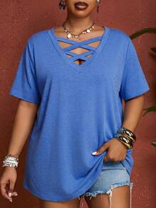 SHEIN CURVE+ Sommer Damen Große Größen Einfarbiges Fuchsia Kreuz V-Ausschnitt Kurzarm T-Shirt - Blau - Übersicht 1