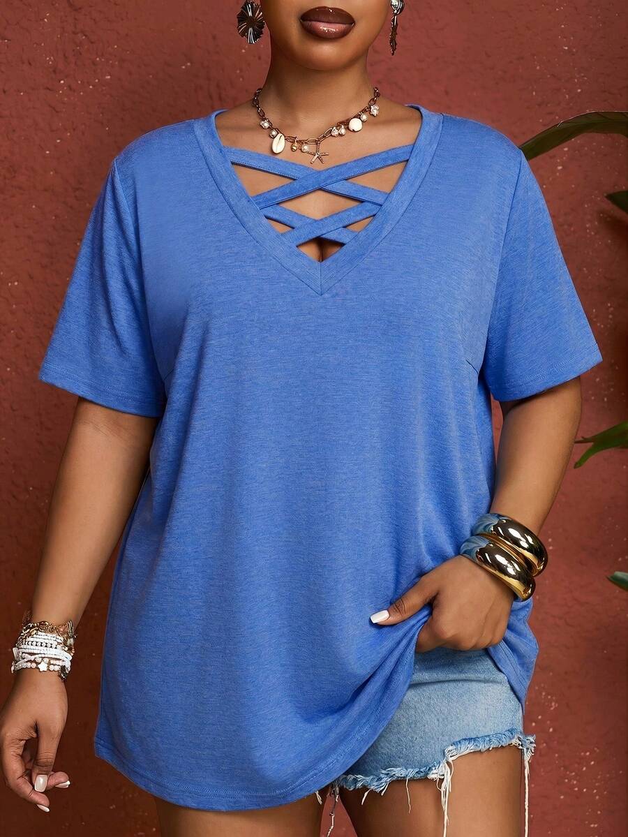 SHEIN CURVE+ Sommer Damen Große Größen Einfarbiges Fuchsia Kreuz V-Ausschnitt Kurzarm T-Shirt - Blau - Übersicht 1