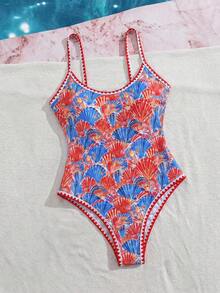 Swim Mod 夏季新款歐美風一件式性感高衩紅色幸運魚印花撞色細肩帶貝殼飾邊甜美女孩比基尼泳衣，聚攏小胸，雙肩帶，修身顯身材，適合溫泉、海灘、度假、生日派對 - 彩色 - 查看 4
