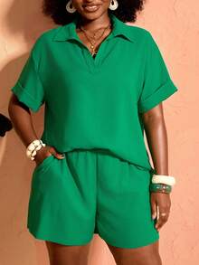 BrightlyHer Plus Size Summer Casual Solid Color Shirt Shorts 2 Pieces Set For Women Vacation Outfits Beach Green - Green - View 9