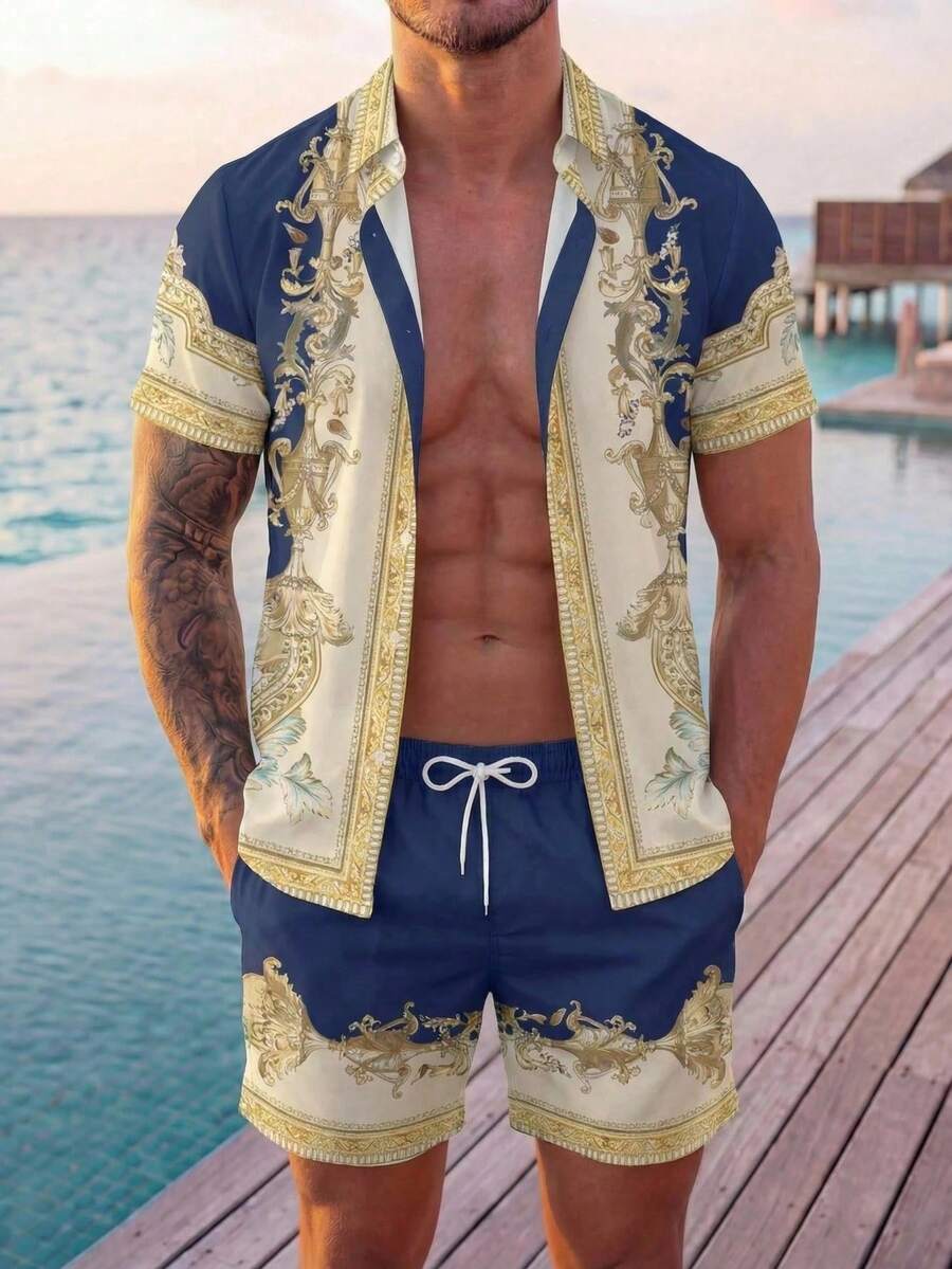 VIVINTIMO Conjunto de camisa y pantalones cortos de vacaciones casuales para hombres con estampado retro de color contrastante - Azul Marino - Ver 1