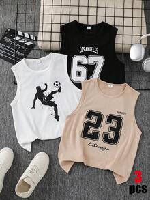SHEIN 兒童 3 件組青少年男孩休閒運動街頭風可愛圖案背心，圓領，適合學校、日常休閒、外出、運動，春/夏季 - 彩色 - 查看 5