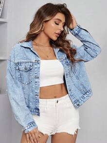 Flexra Drop Shoulder Pearl Beaded Denim Jacket - Light Wash - View 1