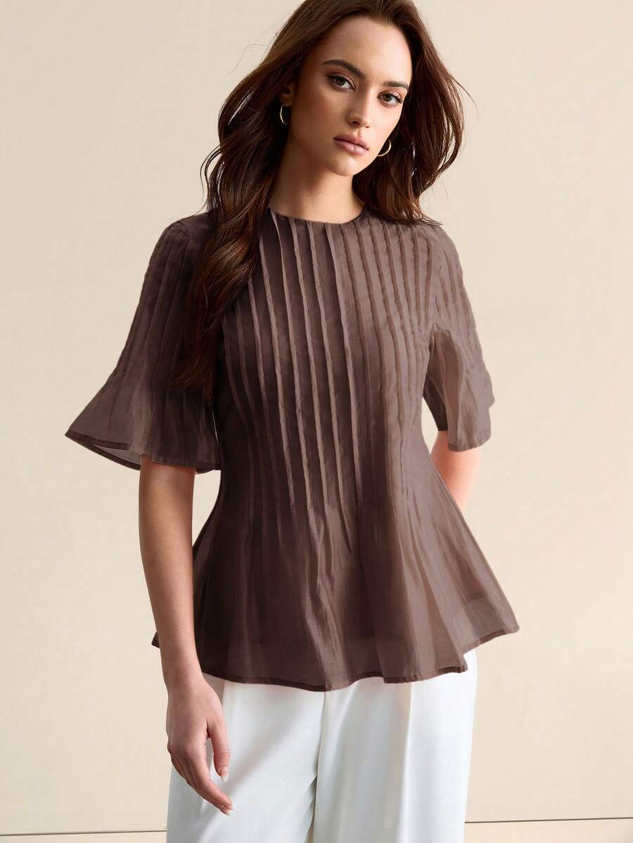 CielaLinda Women's Pleated Crew Neck Short Sleeve Waist-Cinched Top Teachers' Day Office Coffee Brown Summer Elegant - Brown - View 1