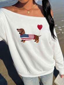 SHEIN EZwear 休閒極簡風臘腸狗愛心印花女款露肩寬鬆長袖白色衛衣，適合春夏初秋 - 白色 - 查看 3