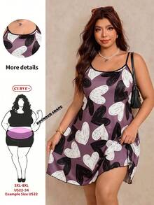 SHEIN CURVE+ CURVE PLUS /情人節/大尺碼女款休閒字母印花細肩帶洋裝，適合情人節 - 彩色 - 查看 1