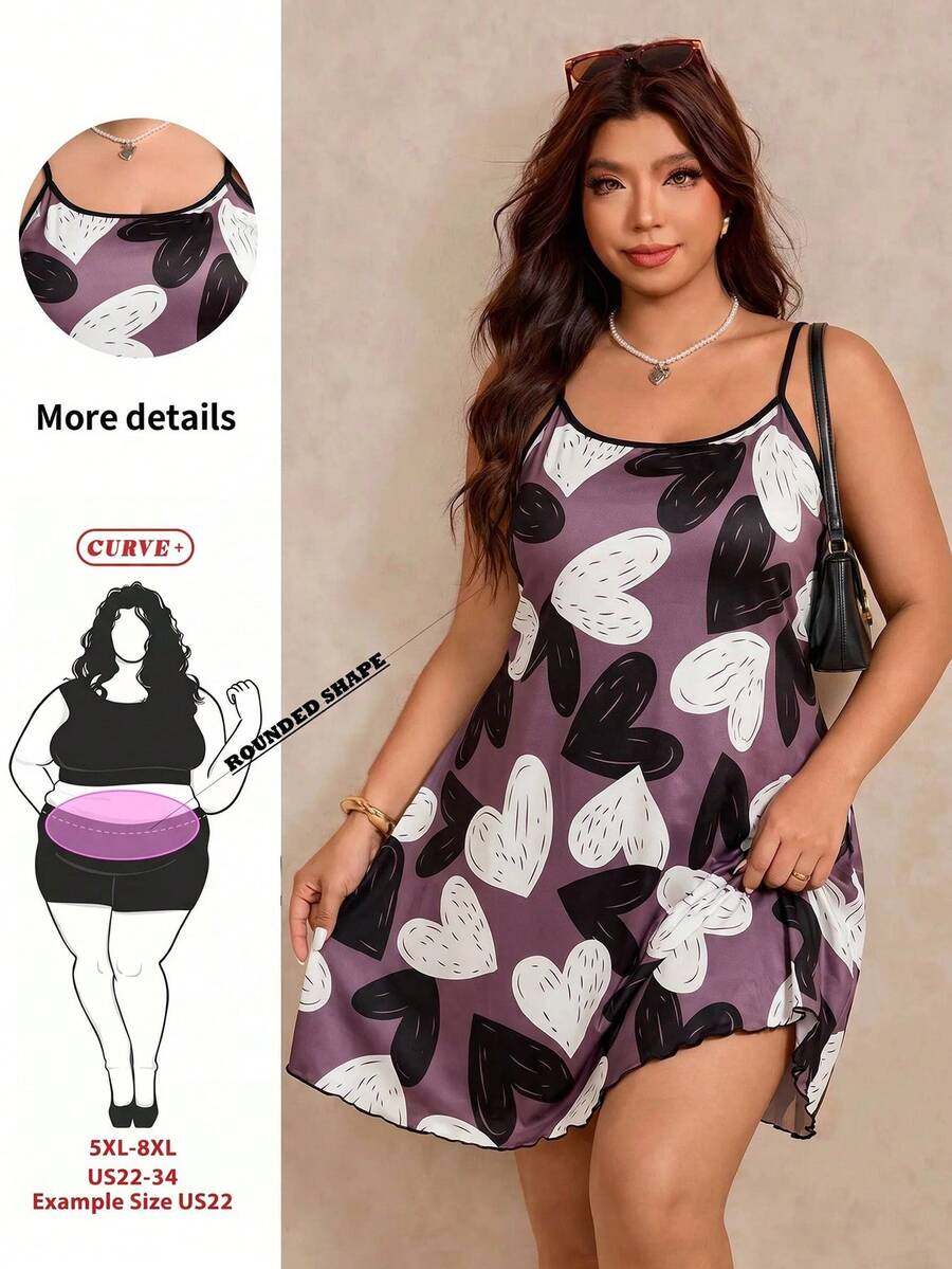 SHEIN CURVE+ CURVE PLUS /情人節/大尺碼女款休閒字母印花細肩帶洋裝,適合情人節 - 彩色 - 查看 1
